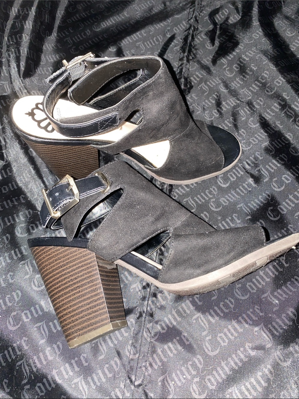 Fergie Black Suede Open-Toe Block Heel Sandals